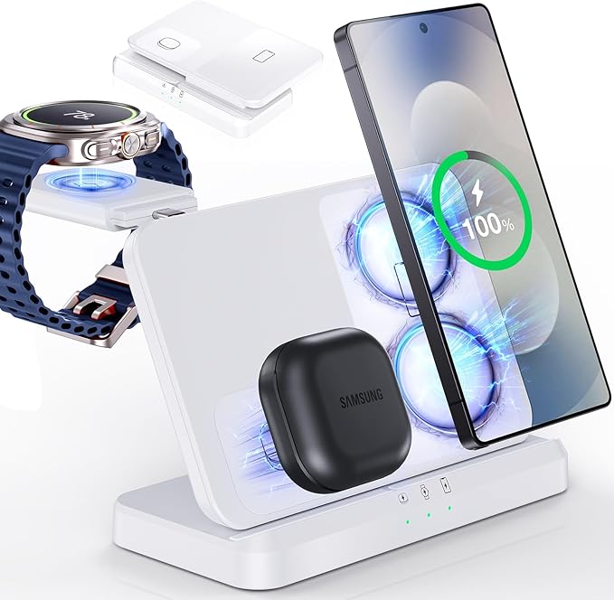 EGV Wireless Charger for Samsung – 3 in 1 Wireless Charging Station for Galaxy S26 Ultra S25 S24 Z Fold Flip 7/6 Detachable Watch Charger for Galaxy Ultra 8/7/6 Foldable Fast Charging White