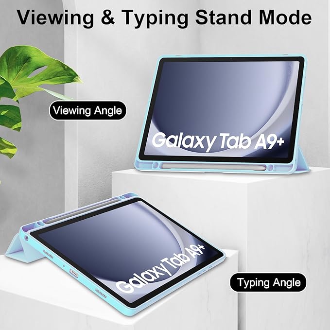 Stand Case for Galaxy Tab A9 Plus 11 Inch 2023 (SM-X210/X216/X218) UUcovers Trifold Cover with Pencil Holder [Auto Sleep/Wake] Clear Transparent Back Shell &amp TPU Shockproof Frame Sky Blue
