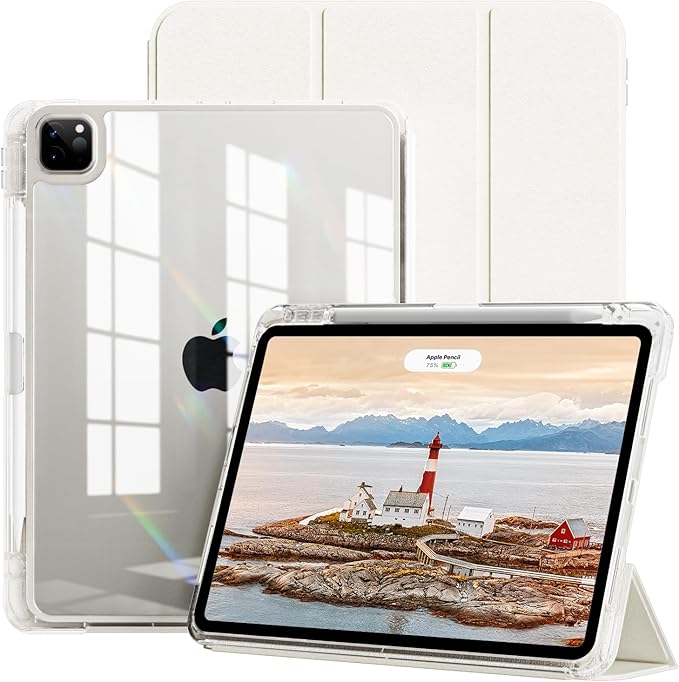 Case for iPad Air 13 Inch M3/M2 (2025/2024)iPad Pro 12.9 inch 2022/2021/2020 (6th/5th/4th Gen) | 2-in-1 Removable Clear Back Cover | Wireless Pencil Charging | Auto Sleep/WakeWhite Cream
