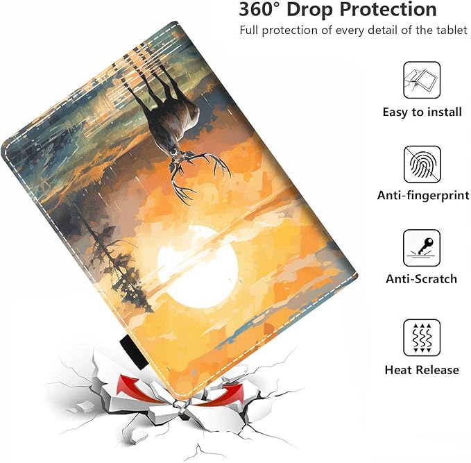Case for All-New Amazon Kindle Fire HD 10 &amp 10 Plus Tablet 10.1 (13th/11th Generation 2023/2021 Release) - PU Leather Folio Case with Smart Auto Wake/Sleep Deer at Sunset