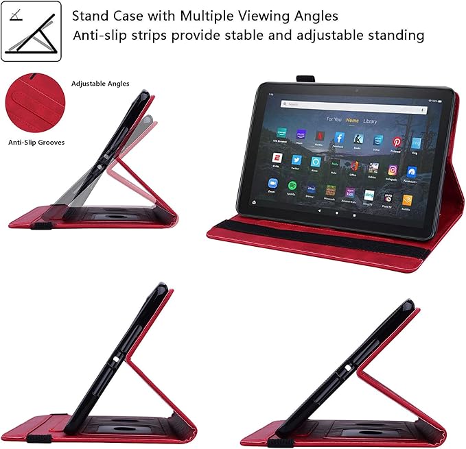 Case for Kindle Fire HD 10 &amp HD 10 Plus 10.1 inch (13th/11th Generation 2023/2021) Stand Embossed Flower PU Leather Magnetic Wallet Cover with Pencil Holder/Pockets [Auto Wake/Sleep] Red