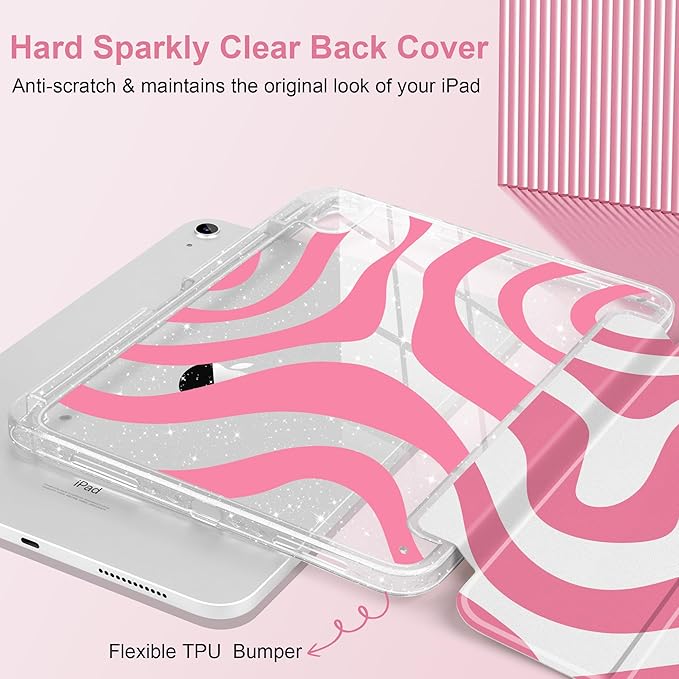 MEEgoodo Case for iPad A16 11th Generation 2025/10th Generation 2022 Glitter Tablet Cases with Transparent Acrylic Back+Trifold Stand +Pencil Holder+Auto Wake/SleepPink Wave Pattern
