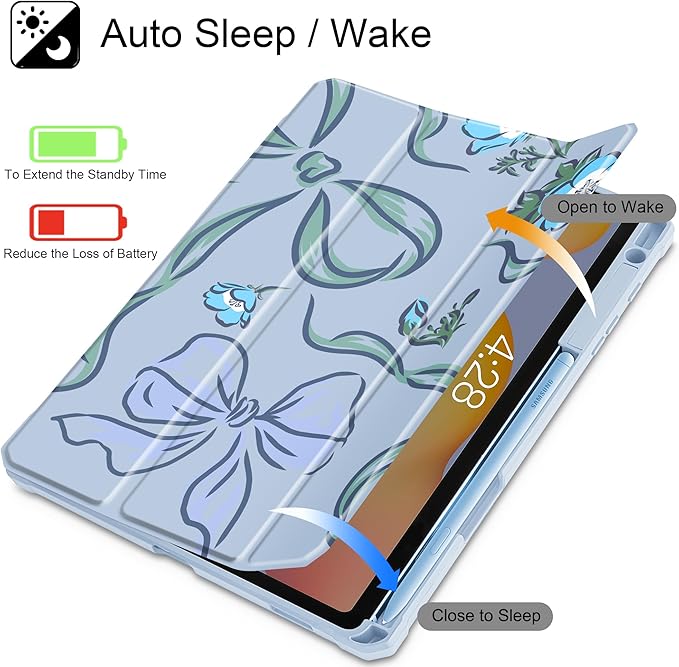 Mektron Case for Samsung Galaxy Tab S6 Lite 10.4 Inch 2024/2022/2020 with S Pen Holder Multi-Angle Viewing with Shockproof Cover Clear Shell + Trifold Stand + Auto Wake/Sleep Flowers-Bows-Blue