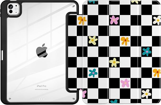 Case for iPad Pro 13 inch (M5) 2025 (M4) 2024 Release Slim Lightweight Cute Black Leather Cover with Clear Back TPU Edge Pencil Holder Trifold Stand Grid