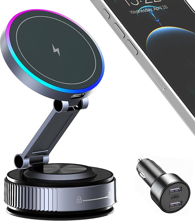 Magnetic Phone Holder for Car Wireless Charging 15W Fast Wireless Car Charger with Vacuum Suction 360° Adjustable Magnetic Mount for Dashboard &amp Windshield Hands-Free for MagSafe iPhone &amp A