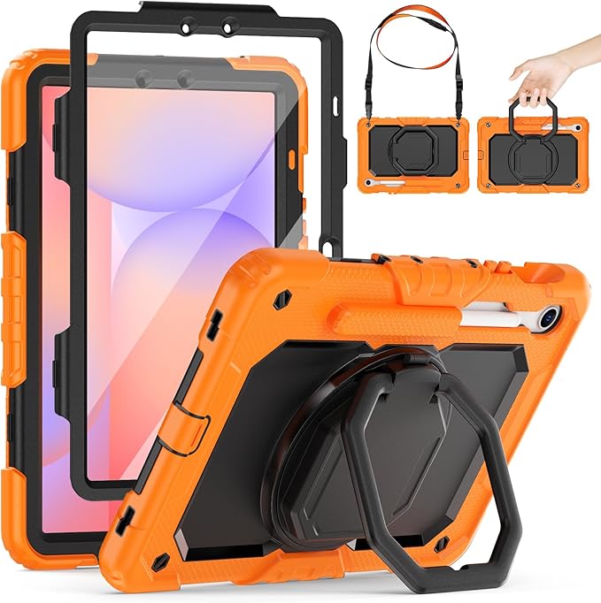HXCASEAC Case for Galaxy Tab S10 lite / S10 FE / S9 FE 10.9 Inch Shockproof | 360° Rotating Stand | S Pen Holder | Screen Protector | Shoulder Strap | Samaung S10 Lite Tablet Case Kids Orange