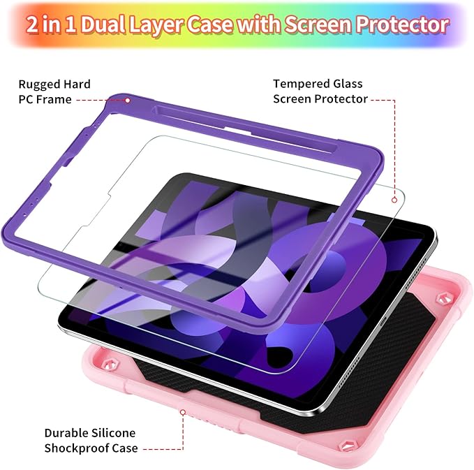 WESADN for iPad Air 5th Generation Case iPad Pro 11 Inch Case 4th/3rd/2nd/1st with Screen Protector/Butterfly Kickstand/Strap/Keychain/Pencil Holder for Kids Girls Cases for iPad Air 4 Pink Purple