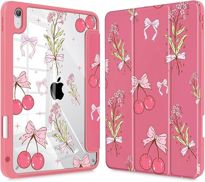 Tuiklol for 2025 iPad (A16 Chip) 11th Generation 11 inch/iPad 10th Generation 10.9 inch 2022 Case Buit in Pencil Holder with Clear Back Shell Cover Trifold Stand Auto Wake/SleepCherry Bow
