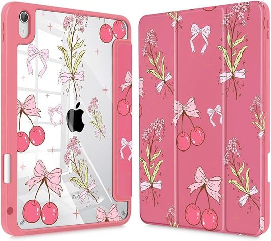 Tuiklol for 2025 iPad (A16 Chip) 11th Generation 11 inch/iPad 10th Generation 10.9 inch 2022 Case Buit in Pencil Holder with Clear Back Shell Cover Trifold Stand Auto Wake/SleepCherry Bow