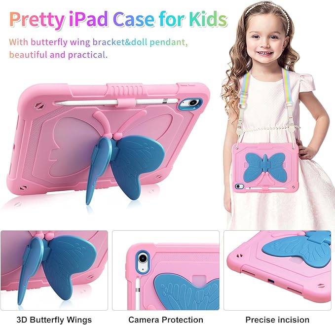 VOFUOE for iPad 10th Generation Case for Kids Girls 2022 10.9'' for iPad A16 Case 11th Generation 2025 11'' with Screen Protector Shoulder Strap Butterfly Wings Stand Pencil Holder Rugged Cover-Pink