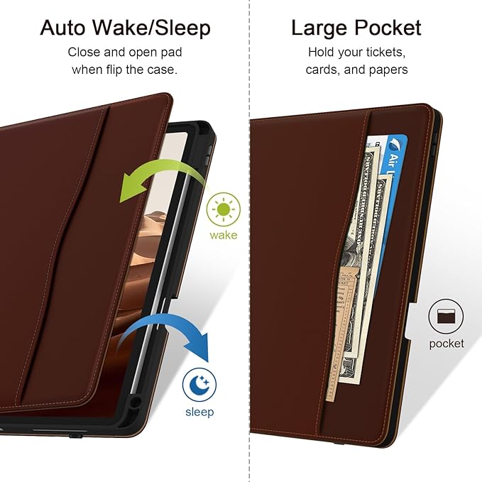 Case for iPad Pro 12.9 6th/5th/4th/3rd Generation 2022/2021/2020/2018 PU Leather 12.9 Cover with Pencil Holder/Multi-Angle Stand/Pocket Folio Auto Wake/Sleep Brown