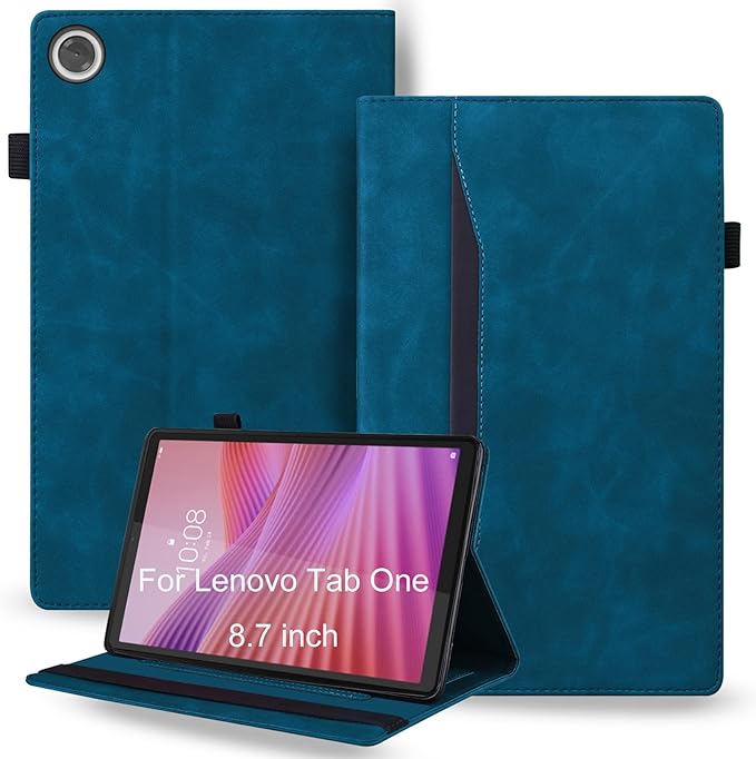Shockproof Case for Lenovo Tab One 8.7 inch 2025 Model - Retro PU Leather + TPU Hybrid Protective Cover with Anti-Slip Grip Strap &amp Card Slots -Peacock Blue