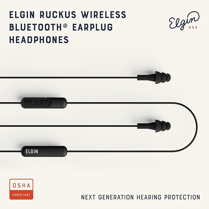 Elgin Ruckus Wireless Bluetooth Earplug Headphones 25 dB Noise Reduction Ear Plug Earbuds Noise Cancelling Mic 12 Hour Battery IP65 sweatproof OSHA Compliant Hearing Protection Work Safety
