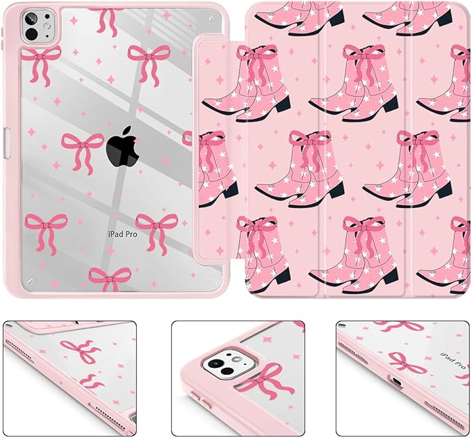May Chen Case for iPad Pro 11-Inch M5/M4 2025/2024 (6th/5th Generation) [Penceil Holder] Trifold Stand Auto Wake/Sleep Clear TPU Protection Back Cover Pink Boots Bows