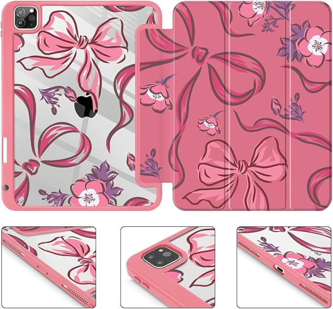 Mektron Case for iPad Pro 11 inch (4th 3rd 2nd &amp 1st Gen) 2022 2021 2020 2018 Buit in Pencil Holder with Shockproof Cover Clear Shell + Auto Wake/Sleep Flowers-Bows-Red