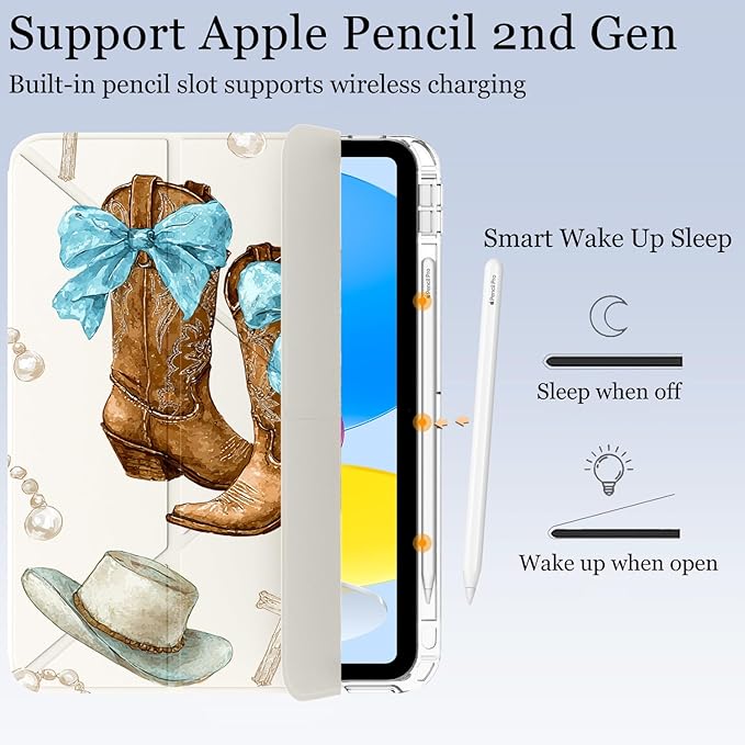 Western Cowgirl Boots Bow for iPad (A16) 11th/10th Generation Case 11 Inch/10.9 Inch 2025/2022 with Pencil Holder Auto Sleep/Wake White Leather Acrylic Back Detachable Cover