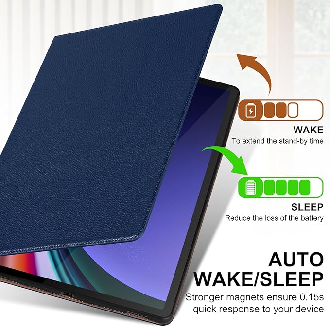 Genuine Leather Case for Samsung Galaxy Tab S10 Plus/S9 Plus/S9 FE+ 12.4 Inch with Pencil Holder | Slim Protective Cover with Adjustable Stand Auto Wake/Sleep Premium Leather | Blue