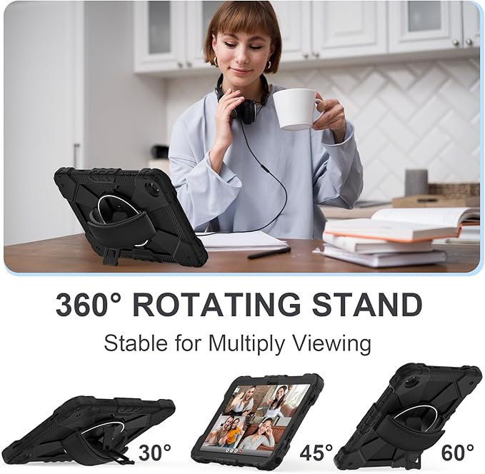 for Samsung Galaxy Tab A11 Plus/A11+ Case 2025 11 Inch Galaxy Tab A9+ Case 2023 Rugged Samsung A11+ Tablet Cover with 360 Rotating Stand Hand Strap Shoulder Strap Screen Protector Black