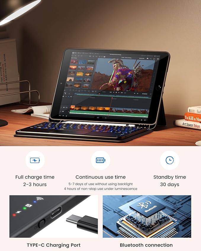 INFILAND Keyboard Case for iPad 9th/8th/7th Generation (10.2 Inch) 7-Color Backlight &amp High Precision Trackpad Slim and Portable Detachable Folder Style Keyboard Case with Pencil HolderBlack