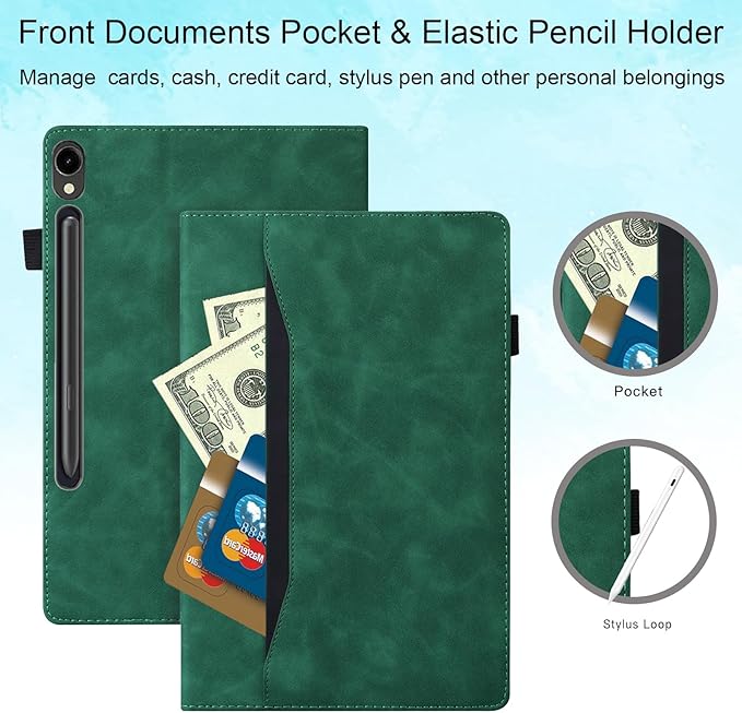 Case for Samsung Galaxy Tab S10 FE+/S10 FE Plus 13.1 Inch 2025 Model (SM-X620/SM-X626B) with Pencil Holder/Pocket/Card Slots Folio Stand PU Leather TPU Back Shockproof Wallet Cover Green