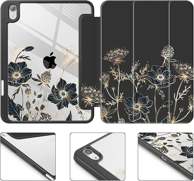 May Chen Slim Case for iPad mini 7 (A17 Pro 7th Generation) 2024 / iPad mini 6 (6th Gen) 8.3 Inch [Built-in Pencil Holder] Shockproof Cover Clear Clear Back Shell Auto Wake/Sleep Abstract Floral