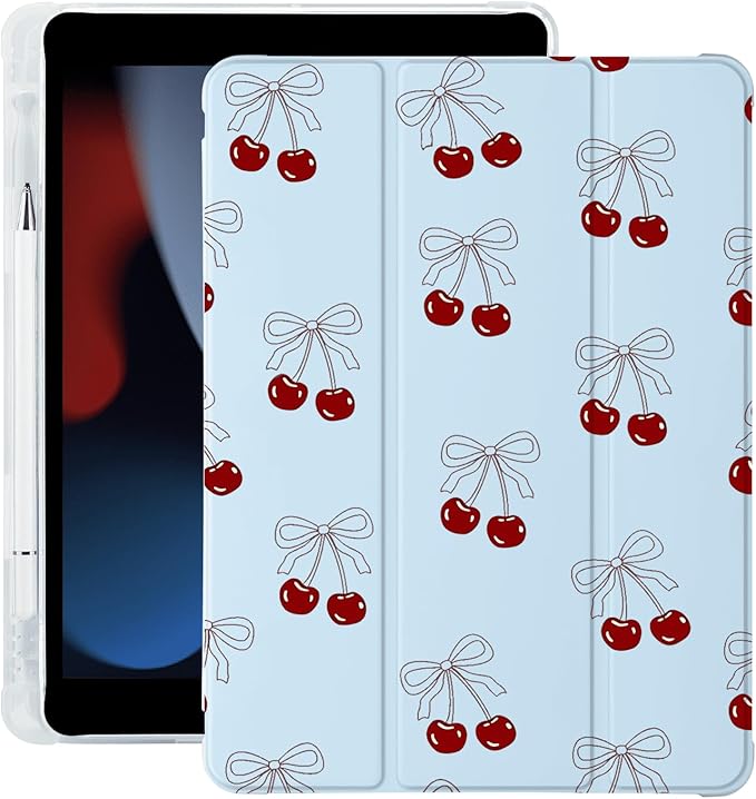 Kawaii Cute Cherry Bow for iPad Air 3 Case with Pencil Holder Auto Sleep/Wake Blue Leather Soft TPU Back Cover for iPad Pro 10.5 Inch 2017