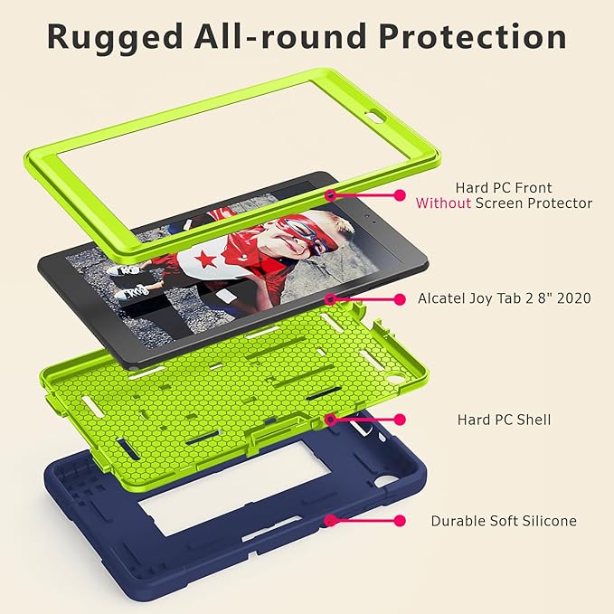 Case for for Alcatel Joy Tab 2 Tablet 8-inch 2020 Release (Model: 9032Z) - [Built-in Kickstand] Anti Slip Kids Friendly Shockproof Silicone Protective Cover (Navy Blue/Green)
