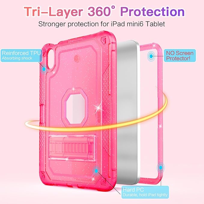 Case for iPad mini A17 Pro for iPad mini 7th/6th Generation Case 8.3 inch 2024/2021 with Pencil Holder/Stand Slim Cover for i Pad Mini 7/6 (Translucent Glitter Hot Pink)
