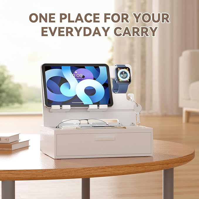 Pezin &amp Hulin Wooden Charging Station Bedside Nightstand Tray with Spacious Drawer Felt Pads for Phones Watch Idea Gifts for Him Birthday Son Christmas for Papa Fathers Day (White)