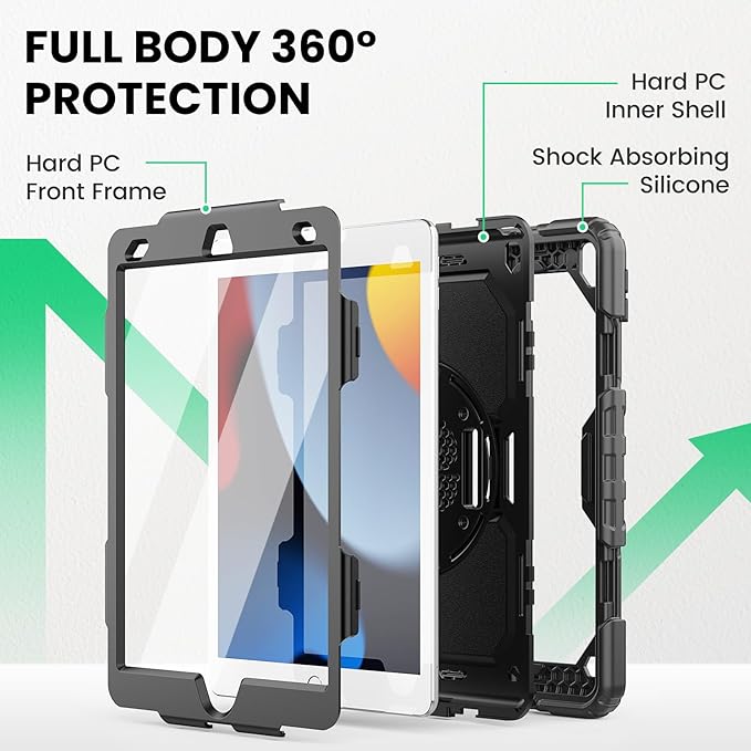 SEYMAC for iPad 9th/8th/7th Generation Case 10.2 2021-2019 Full-Body Shockproof Heavy Duty Protective Case with Screen Protector 360° Rotating Stand/Handle/Shoulder Strap for iPad 10.2 Black