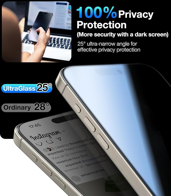 UltraGlass Top 9H+ Glass for iPhone 16 Plus Privacy Screen Protector 2024 [No.1 Military Grade Shatterproof &amp 100% Anti Spy] Privacy Screen Tempered Glass [Longest Durable] 2 Pack