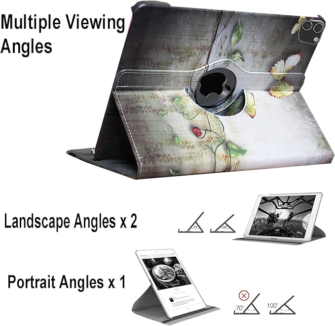 Case for iPad Pro 12.9 6th 5th 4th 3rd Generation Rotating Stand Smart Cover Auto Wake Up/Sleep Model A2436 A2764 A2437 A2378 A2379 A2461 A2229 A2069 A2232 A1876 A2014 A1895 Butterfly Flower