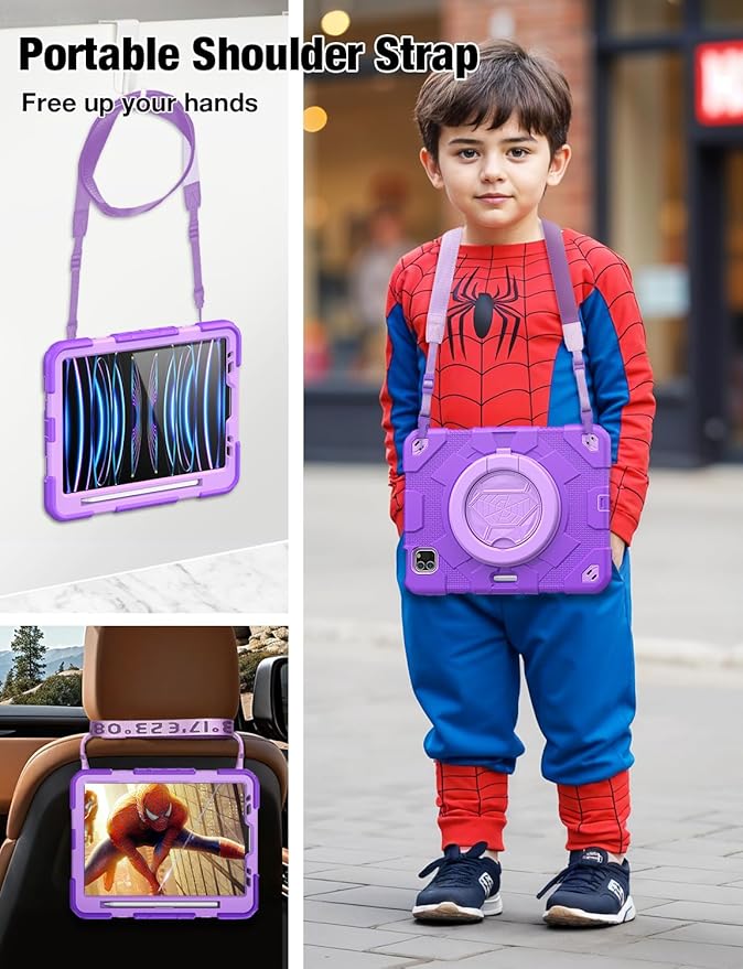 SCSVPN Kids Case for iPad Air 5th/4th Generation 10.9-inch 2022/2020 &amp iPad Pro 11'' 4th/3rd/2nd/1st Gen 2022 2021 2020 2018 Protection Case with Pencil Holder Stand Handle Shoulder Strap Purp