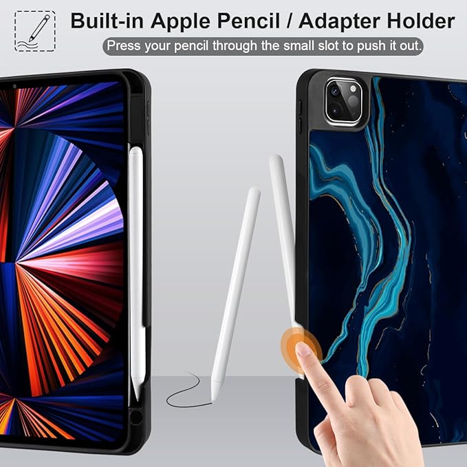 DONGKE Case for 2022/2021/2020/2018 iPad Pro 11 inch Gen 4/3/2/1 - Slim Protective Case - Built in Pencil Holder Support Charging - Trifold Stand &amp Sleep/Wake Cover - Blue Marble