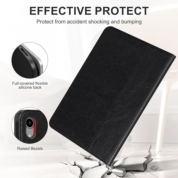 Genuine Leather Case for iPad mini 7/Mini 6 Generation(8.3 Inch 2021/2024)Vegetable Tanned Leather Smart Folio Cover for with Auto Wake/SleepAdjustable StandAnti Slip/FingerprintBlack