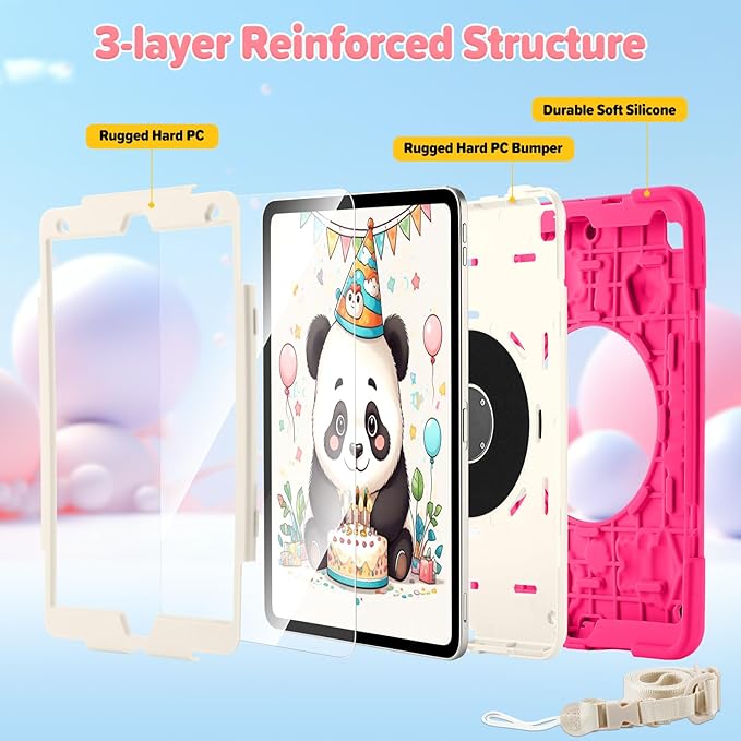 Case for iPad 9th/8th/7th GenerationCute 3D Cool Panda Warrior Design Cover with Screen Protector Rugged Protective Cartoon Case with Stand/Strap/Pen Slot for iPad 10.2 Kids Teens (Rose+White)