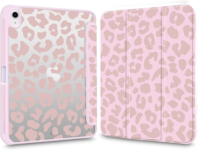 Cute Case for iPad (A16) 11th Gen 2025 11/10th Gen 2022 10.9 Dusty Pink Leopard Print Clear Hard Back Hybrid Casewith Pencil Holder Trifold Stand Slim Tablet Cover for Women