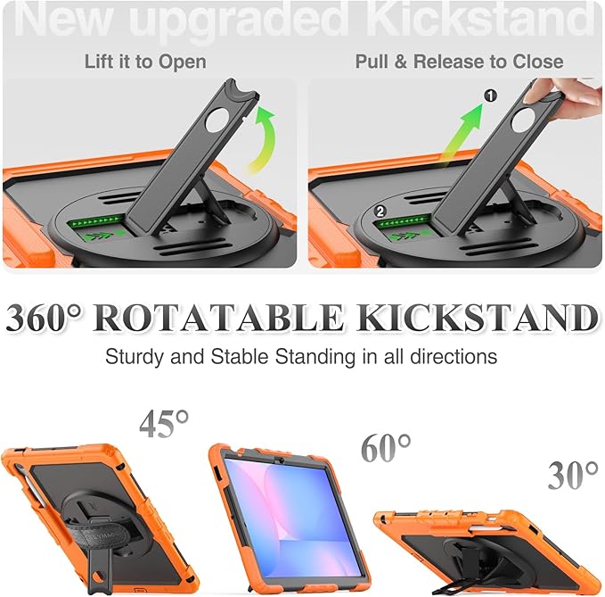 SEYMAC stock Case for Samsung Galaxy Tab S10 FE+ Plus 5G Tablet Case 13.1'' Protective with Screen Protector Pen Holder 360 Rotate Stand Hand Strap Shoulder Strap Orange1