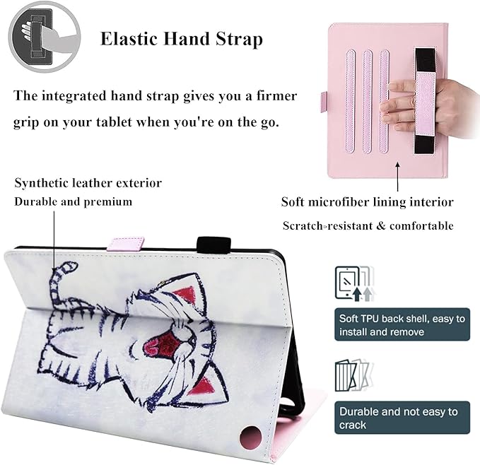 Case for Amazon Kindle Fire Max 11 Tablet (13th Generation 2023 Release) with Pencil Holder/Hand Wrist Strap Folio Stand Magnetic Smart PU Leather Cover [Auto Sleep Wake] White Cat Kitty