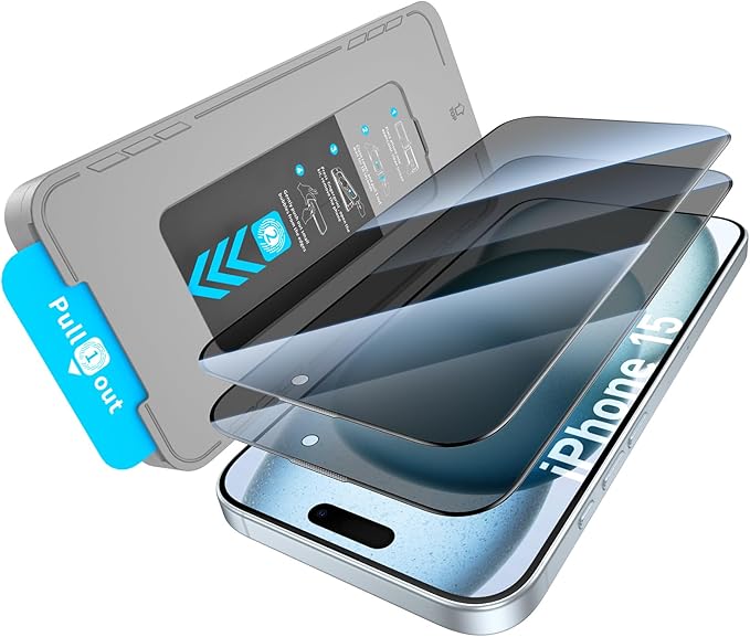 2 Pack Privacy Screen Protector for iPhone 15 9H+ Tempered Glass Anti Spy Private Film Easy Installation Auto Alignment Dust Removal Military-Grade Protection Bubble-Free