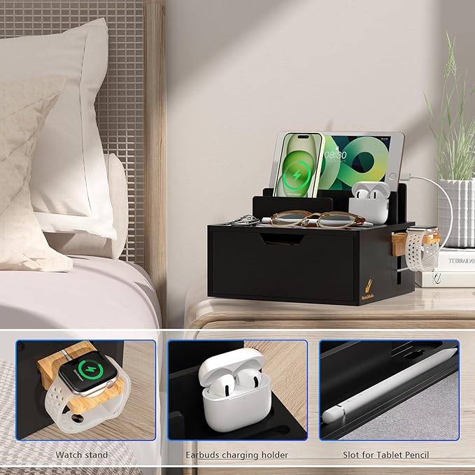 Pezin &amp Hulin Bamboo Charging Station for Multi Device with Power Charger &amp Cables Nightstand Docking Station with Lined Tray &amp Drawer Compatible with Tablet Cell Phones-Black