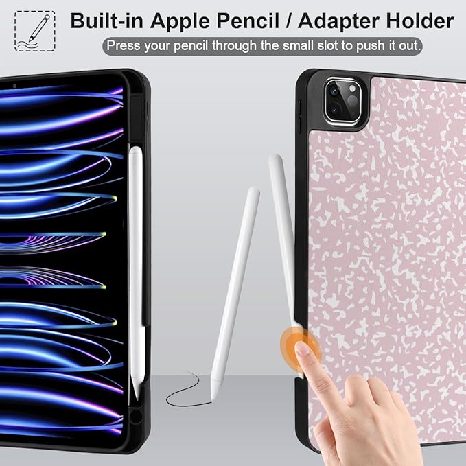 MEEgoodo for iPad Pro 12.9 Case M2 6th/5th/4th/3rd Generation 2022 2021 2020 2018 with Pencil Holder Tablet Cover with Soft TPU Back Shell Pink Composition Book