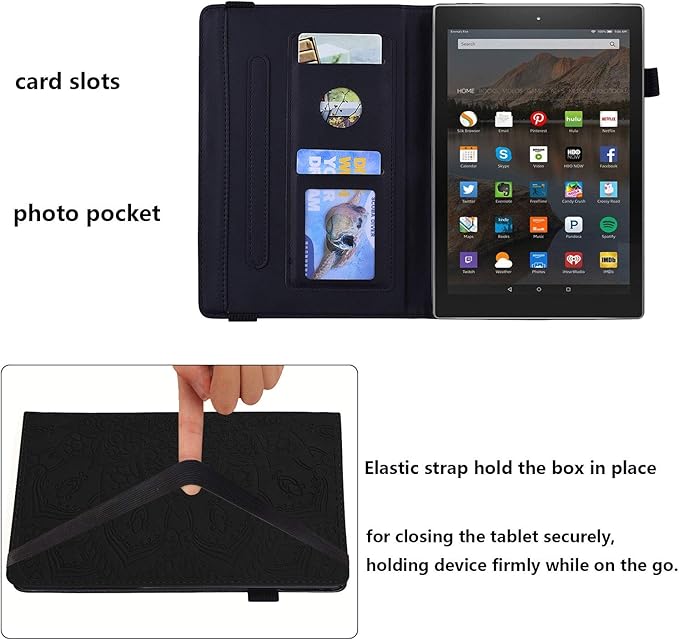 Fire HD 10 Case 9th/7th Generation (2019/2017) 10.1 with Pencil Holder Elastic Band Pocket Multi-Angle Stand Magnetic Folio Wallet PU Leather TPU Shockproof Cover Black Paisley Flower