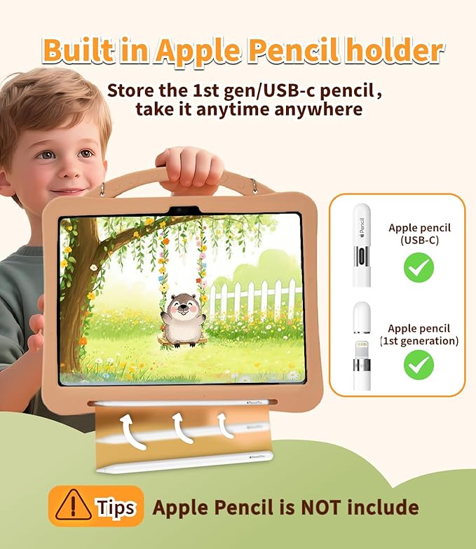 Capybara Kids Case for iPad (A16) 11th Generation 11 inch 2025 / iPad 10th Gen 10.9 2022-3D Cute Silicone Cover for Girls with 360° Rotating Stand Adjustable Strap Pencil Holder-Brown