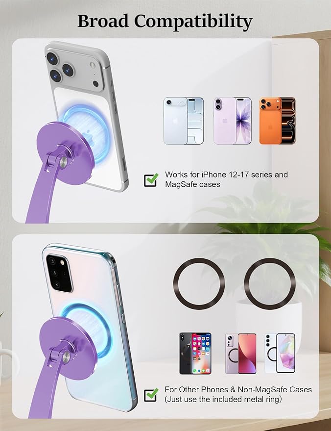 Magnetic Phone Stand for Desk – 360° Rotating Aluminum Phone Holder Stable Desk Stand for Office Home &amp Kitchen Compatible with iPhone 17 Pro Max 16–12 Series and MagSafe Cases Purple