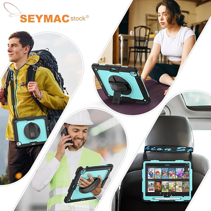 SEYMAC stock Case for iPad Air 13-inch M4-M2 2026-2024 (Gen 8-6) Shockproof Heavy Duty Case with Screen Protector Pencil Holder Rotating Stand Hand Strap Shoulder Strap SkyBlue