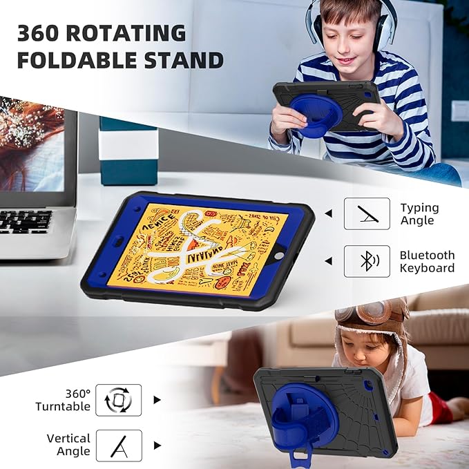 Case for iPad mini 5/4 with Screen Protector Pencil Holder [360 Rotating Hand Strap] &amp Stand Drop-Proof Case for iPad mini 5th/4th Generation 7.9 inch(Black+Blue)