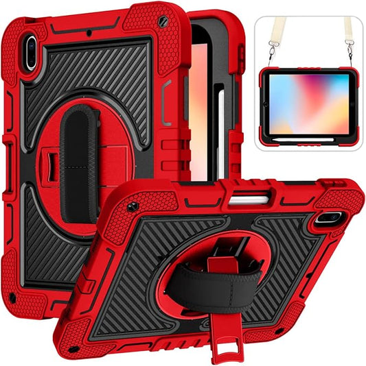 Dteck for iPad A16/10th Generation 2025/2022360° Rotate Hand Strap/Stand Full-Body Drop Rugged Protective Case with Shoulder Strap Kids Case for iPad 10th Generation iPad 10.9 Inch 2022Red+Black