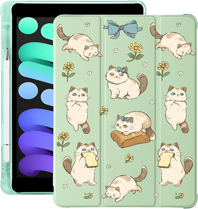 Cue Kawaii Kitten Cat for iPad Air 3 Case with Pencil Holder Auto Sleep/Wake Green Leather Soft TPU Back Cover for iPad Pro 10.5 Inch 2017