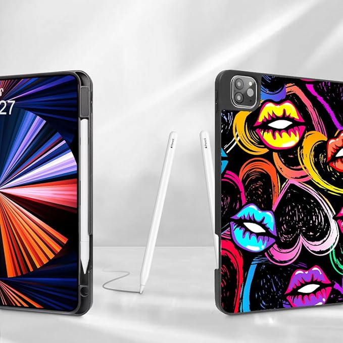 Mektron for iPad Pro M2 11-inch 4th/ 3rd/ 2nd/ 1st Gen Case 2022 2021 2020 2018 with Pencil Holder Tablet Cover with Soft TPU Back Cover for 11 inch iPad Pro Colorful Lips